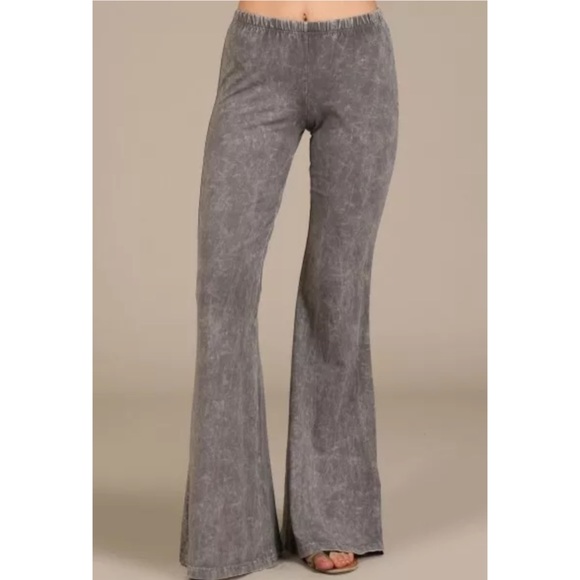 Taupe Gray Boho Mineral Wash Flared Stretch Pants - Picture 2 of 6